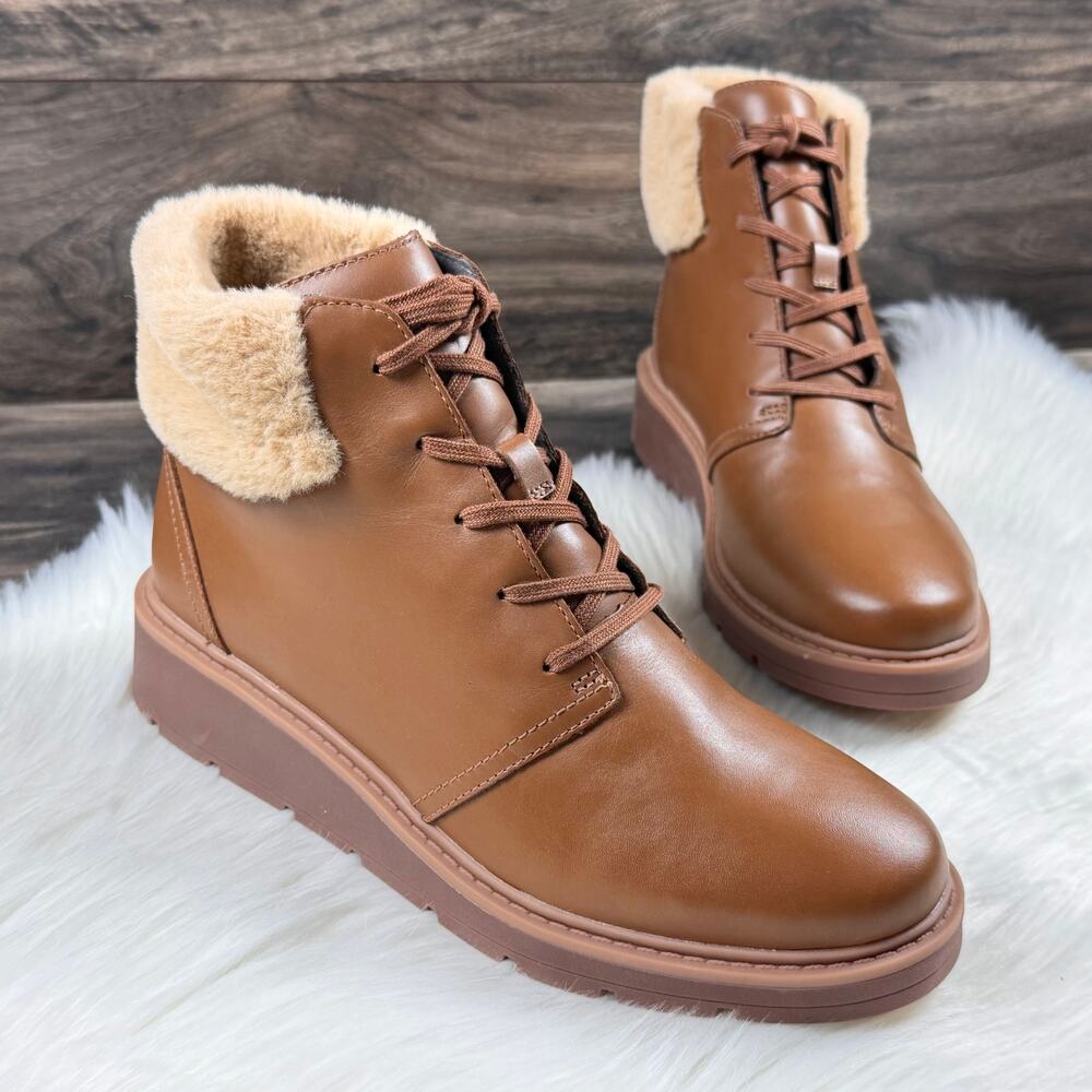 NEW Clarks Andie Mae 9M Leather Comfort Ankle Booties Tan Brown Faux Fur Cuff - Picture 4 of 12